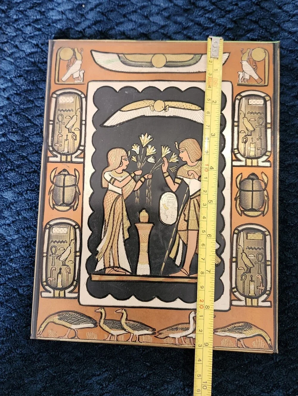 vintage Egyptian papyrus Metal And Wood depicting a pharaonic marriage scene.